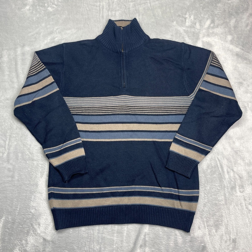 Jolly 513 Doaba Hosiery Sweater Mens Large Navy Striped Knit Long Sleeve 1/4 Zip